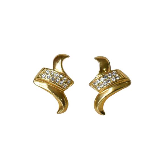 Givenchy Gold Plated White Rhinestones Vtg Zig Zag 1980s Geometric Clip Earrings - Picture 1 of 3